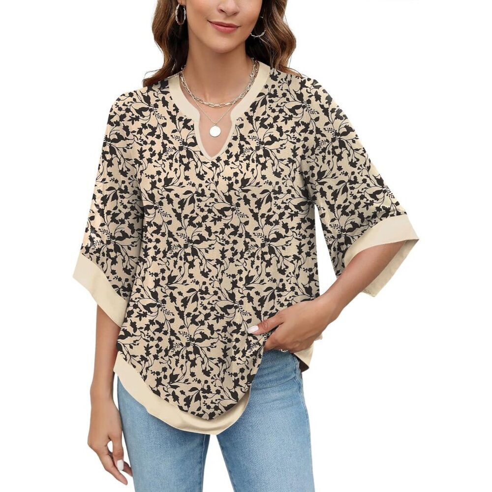 Women's Chiffon Blouse 3/4 Sleeve V Neck Double Layers Mesh Flowy Top - Picture 3 of 5